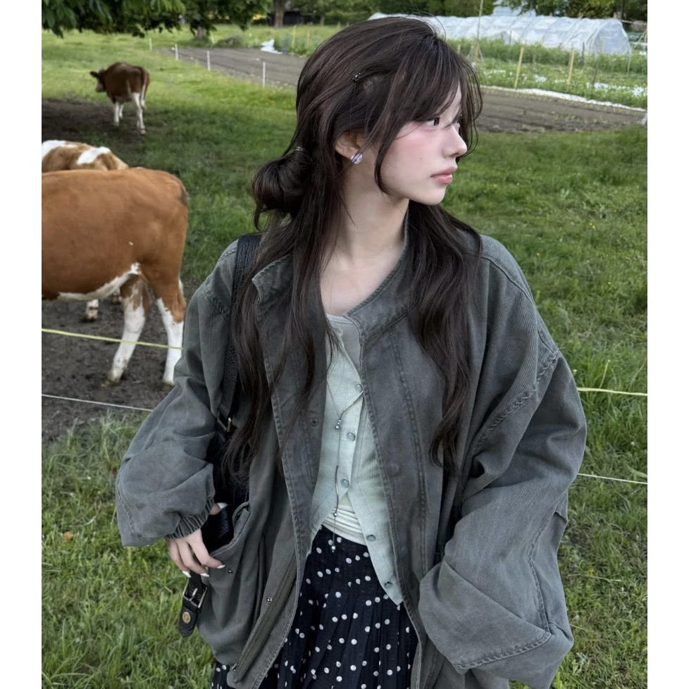 现！ modimood水洗做旧立领工装夹克韩系26款抽绳收腰廓形外套女