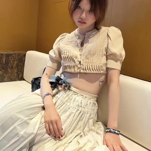 韩国设计师FRECKLE夏季新款温柔系带纽扣双层蕾丝百褶半身裙子女