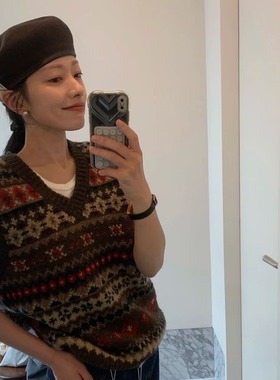 秒发！时髦精25冬韩国urb*nic30费尔岛提花50羊毛针织马甲背心女
