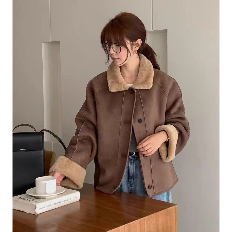 秒发！高级感撞色毛绒翻领麂皮夹克韩国两面穿单排扣皮毛一体外套