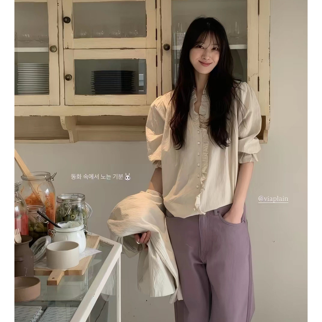 秒发！V领木耳边褶皱衬衫26夏季新款韩国viaplain显瘦长袖上衣女