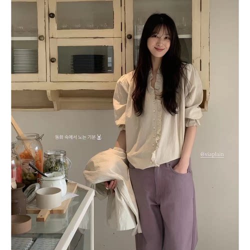 V领木耳边褶皱衬衫2026春季新款韩国viaplain宽松显瘦长袖上衣女