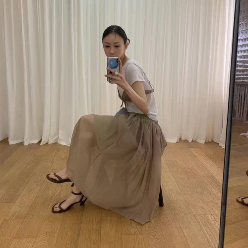 绝美！韩系高腰垂感纱裙东大门26夏季新款A字中长款蓬蓬裙半身裙