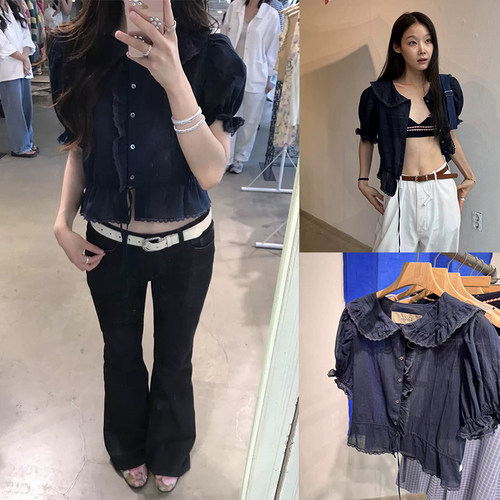 现货！viaplain韩系娃娃领抽绳短袖衬衫东大门夏季新款甜美上衣