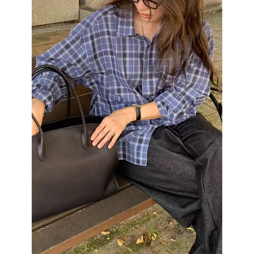 现货！objet格纹衬衫韩国东大门26秋新款慵懒休闲拼色长袖上衣女