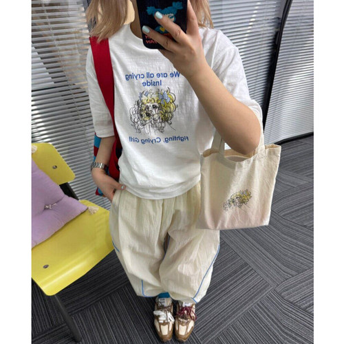 赵露思同款26夏新韩国卡通美少女字母印花白色圆领短袖T恤