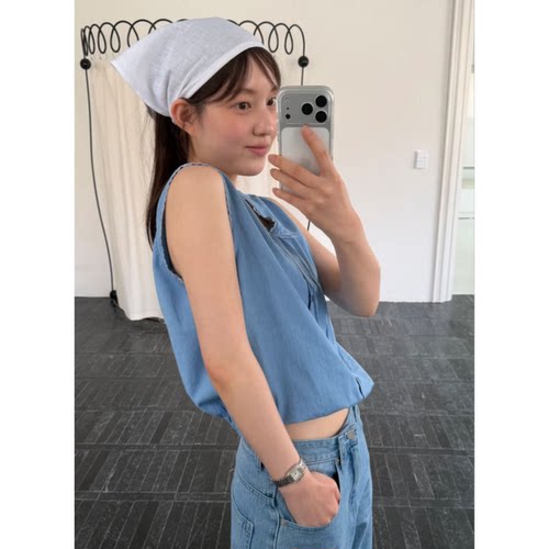 现货！韩系蕾丝花边无袖背心韩国26新款李锦华同款单排扣上衣女