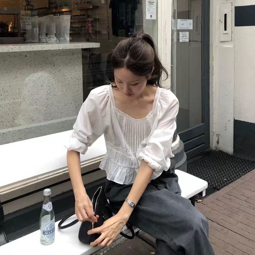 甜妹闭眼入OUNCE风琴褶小衫韩国26秋新款蕾丝方领长袖衬衫上衣女