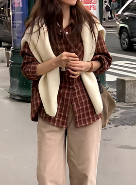 秒发！复古磨毛格子衬衫25秋冬新款韩国OBJET翻领单排扣长袖上衣