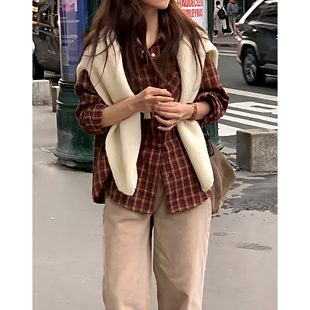 韩国OBJET翻领单排扣长袖 25秋冬新款 上衣 复古磨毛格子衬衫 秒发