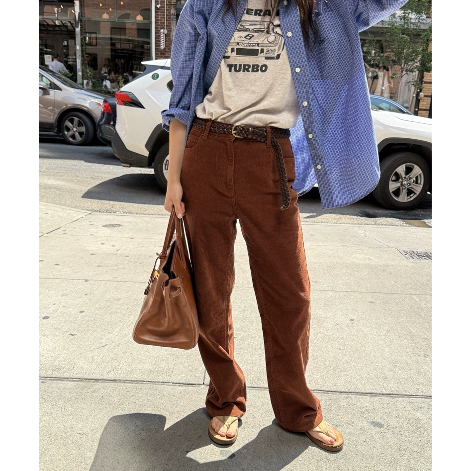 秒发！美拉德穿搭灯芯绒休闲裤韩国25秋冬新款棕色高腰直筒长裤子