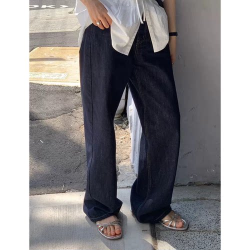 秒发！OUNCE原色牛仔裤女26春款韩国复古高腰宽松显瘦直筒长裤子