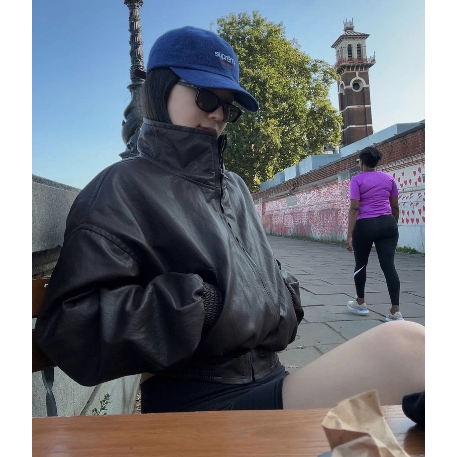 秒发！荷静同款g*d机车风短外套25秋韩国纯色立领拉链皮衣夹克女