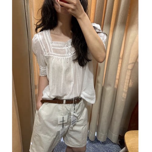 viaplain甜美系带方领蕾丝拼接短袖衬衫韩国26夏季新款纯色上衣女