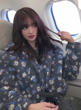 秒发！Minnie米妮同款摇粒绒外套韩国25冬复古立领花朵拉链开衫女