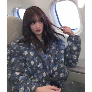 女 摇粒绒外套韩国2026复古立领花朵拉链开衫 现货 Minnie米妮同款