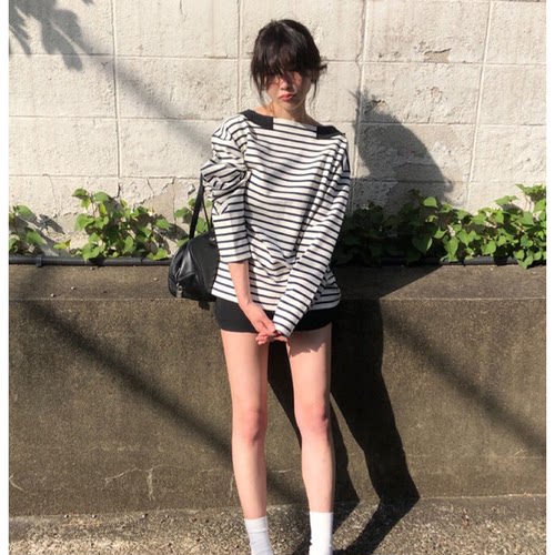 sale！baby酱小众设计撞色条纹T恤韩国26秋休闲套头长袖上衣女