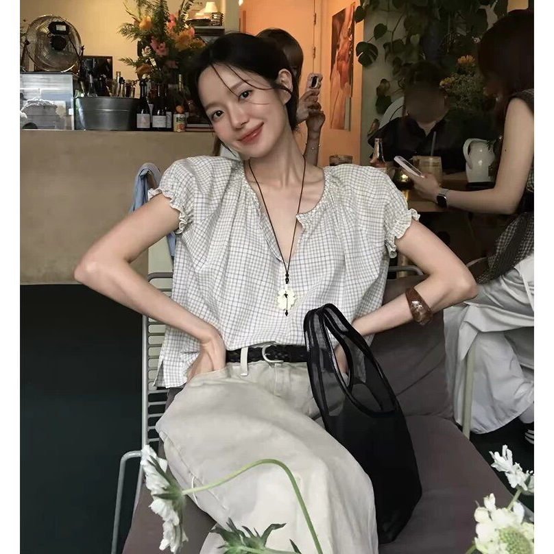 秒发！天花板韩国26夏季新款poete纽扣格子休闲泡泡袖短袖衬衫女