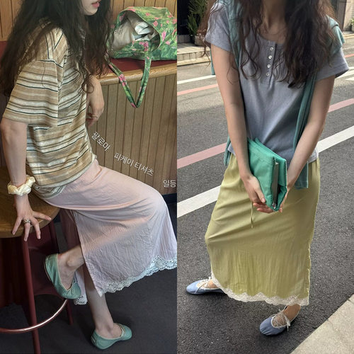现货！sienne蕾丝拼接半身裙韩国设计师26夏季新款清冷感中长裙
