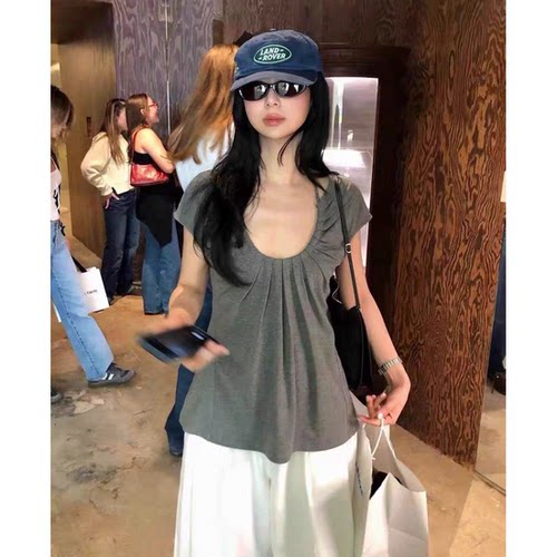 fever同款U领短袖T恤韩国夏季新款挂脖系带显瘦褶皱小飞袖上衣女