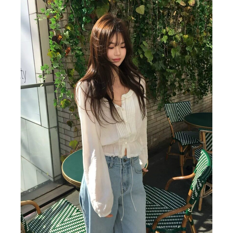 现货!甜妹入韩国vegetable温柔v领木耳边收腰防晒长袖衬衫上衣女