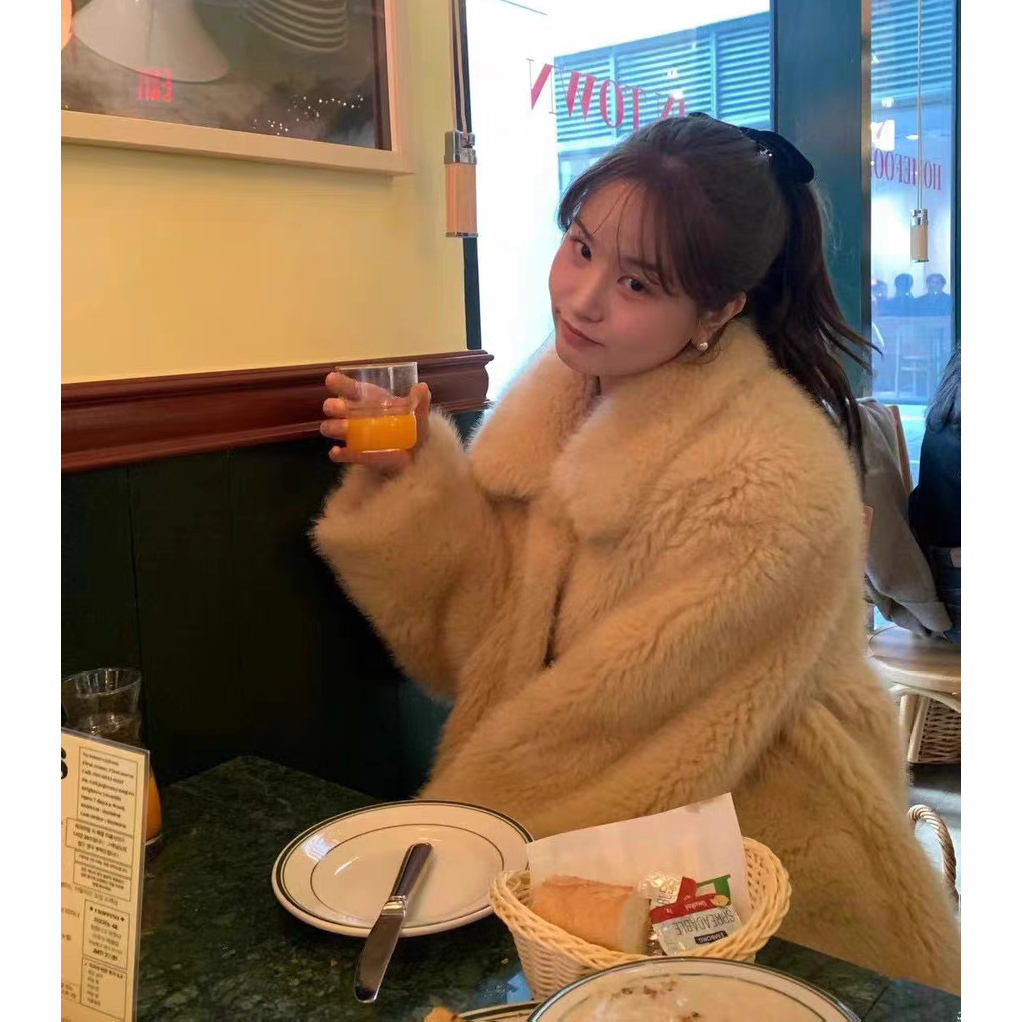 秒发！OUNCE毛毛外套2025冬韩国气质翻领单排扣中长款皮草大衣女