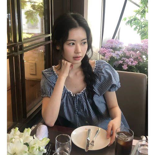 甜妹archivejtou格纹短袖衬衫韩国夏新款温柔方领上衣女