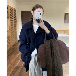 陆续 慵懒设计感韩国25秋冬木质扣极简苏力羊驼毛手缝大衣外套女