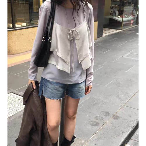 2026春季新款韩国th*br*athe纯色长袖上衣+系带双层吊带两件套女