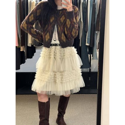 现货！mo*ethan层叠纱织半裙韩国2026纯色蛋糕裙中长半身蓬蓬裙女