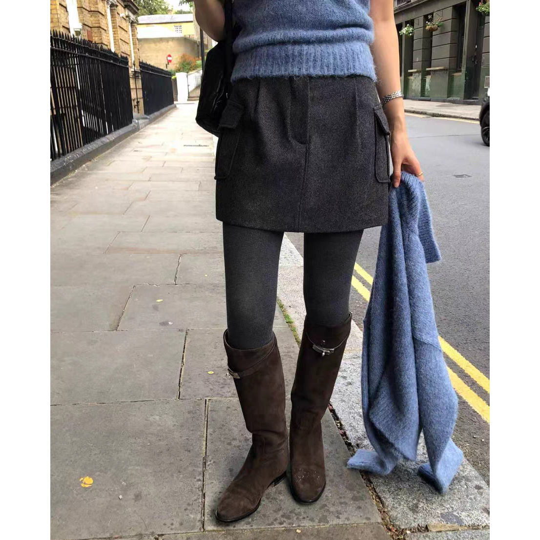 秒发!工装风羊毛半身裙韩国2025秋冬over t*ke高腰显瘦H型短裙女