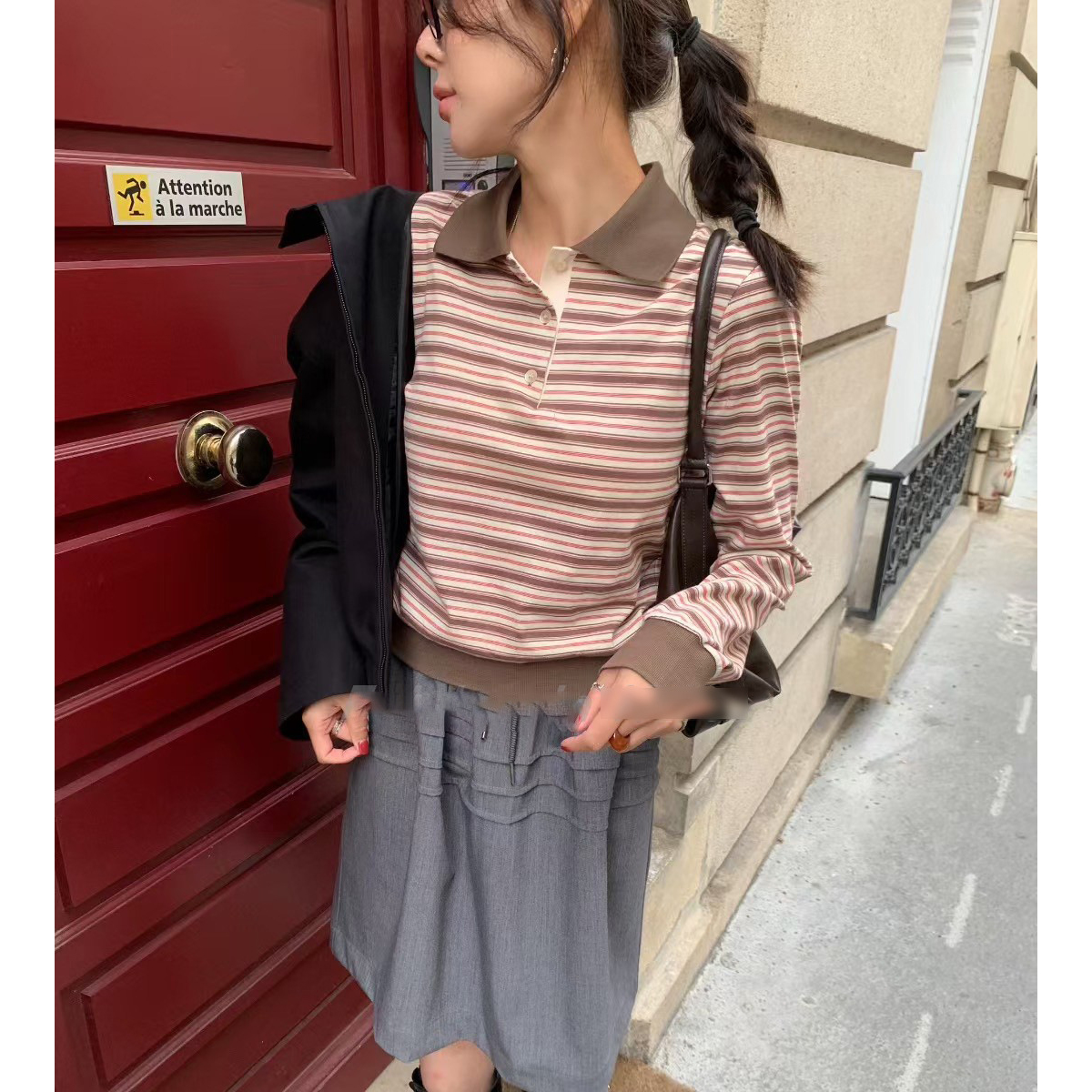 现货！粉色条纹polo衫2025秋韩国休闲减龄撞色翻领套头打底上衣女