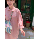 连衣裙 秒发 减龄设计感韩国东大门休闲翻领纽扣宽松直筒粉色衬衫