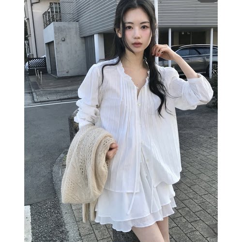 套装入~韩国2026春夏新款archi*e jtou气质显瘦休闲抽绳衬衫+短裙