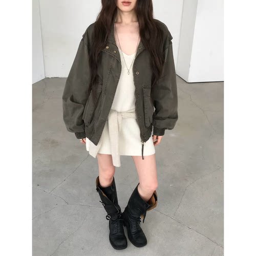 NUESE复古绿色立领短款外套韩国2026秋季新款宽松休闲工装夹克女