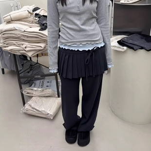 女 侧边系带p帘直筒长裤 韩国东大门百褶裙假两件休闲裤 韩系女装