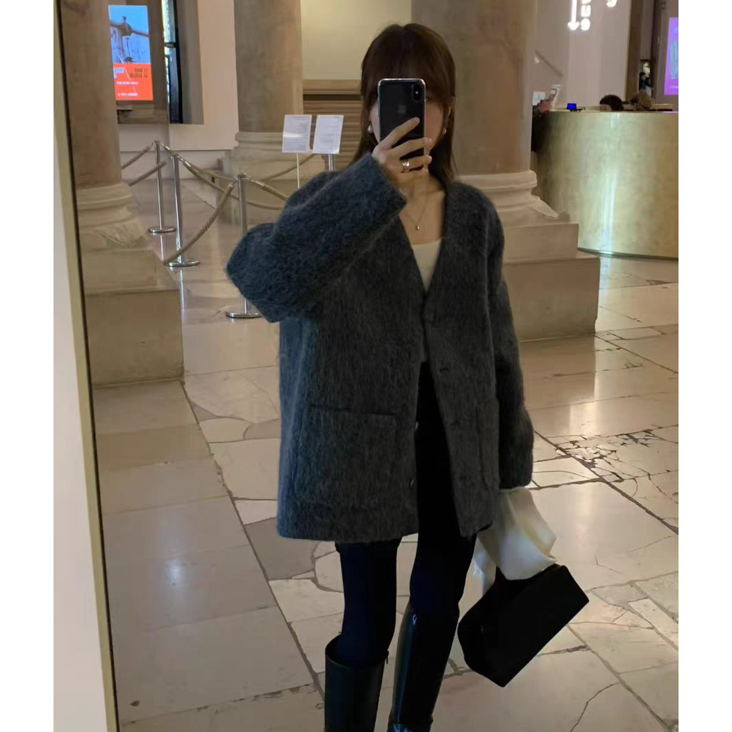 秒发！OUNCE纯色v领羊毛大衣韩国25秋冬新款高级感灰色单排扣外套