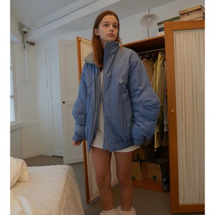 秒发 韩国设计师25冬休闲减龄保暖立领户外蓝色夹克棉服防水外套