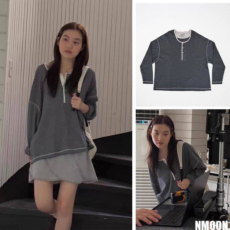 秒发！复古设计感2026韩国viaplain亨利领撞色条纹长袖T恤上衣女,女装/女士精品,T恤,淘宝优惠券,粉丝福利购,淘宝优惠卷