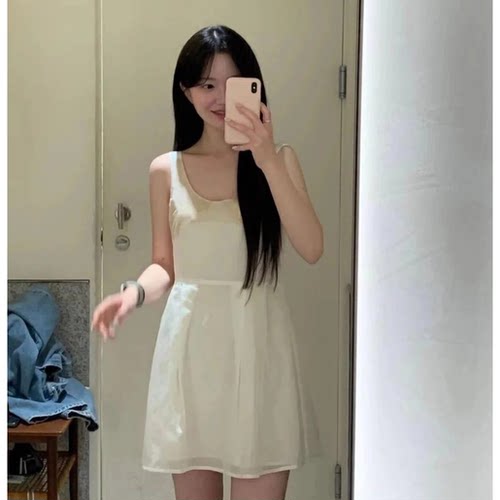 sale！韩国tannat丝质背心连衣裙优雅简约撞色圆领双层无袖短裙女
