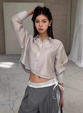 Lamagie Femme法式缎面衬衫韩国2026春夏蕾丝花边翻领长袖上衣女