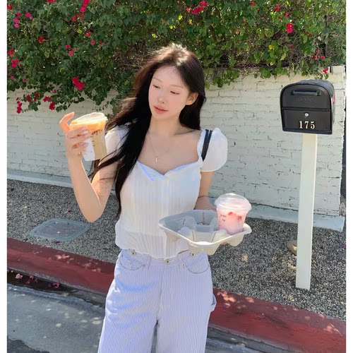 leeds甜美蕾丝花边方领短袖衬衫东大门夏新款韩系白色短款小衫女