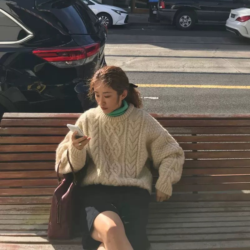 秒发！藤姐同款麻花针织毛衣韩国sie*ne冬50羊毛奶油色套头上衣女