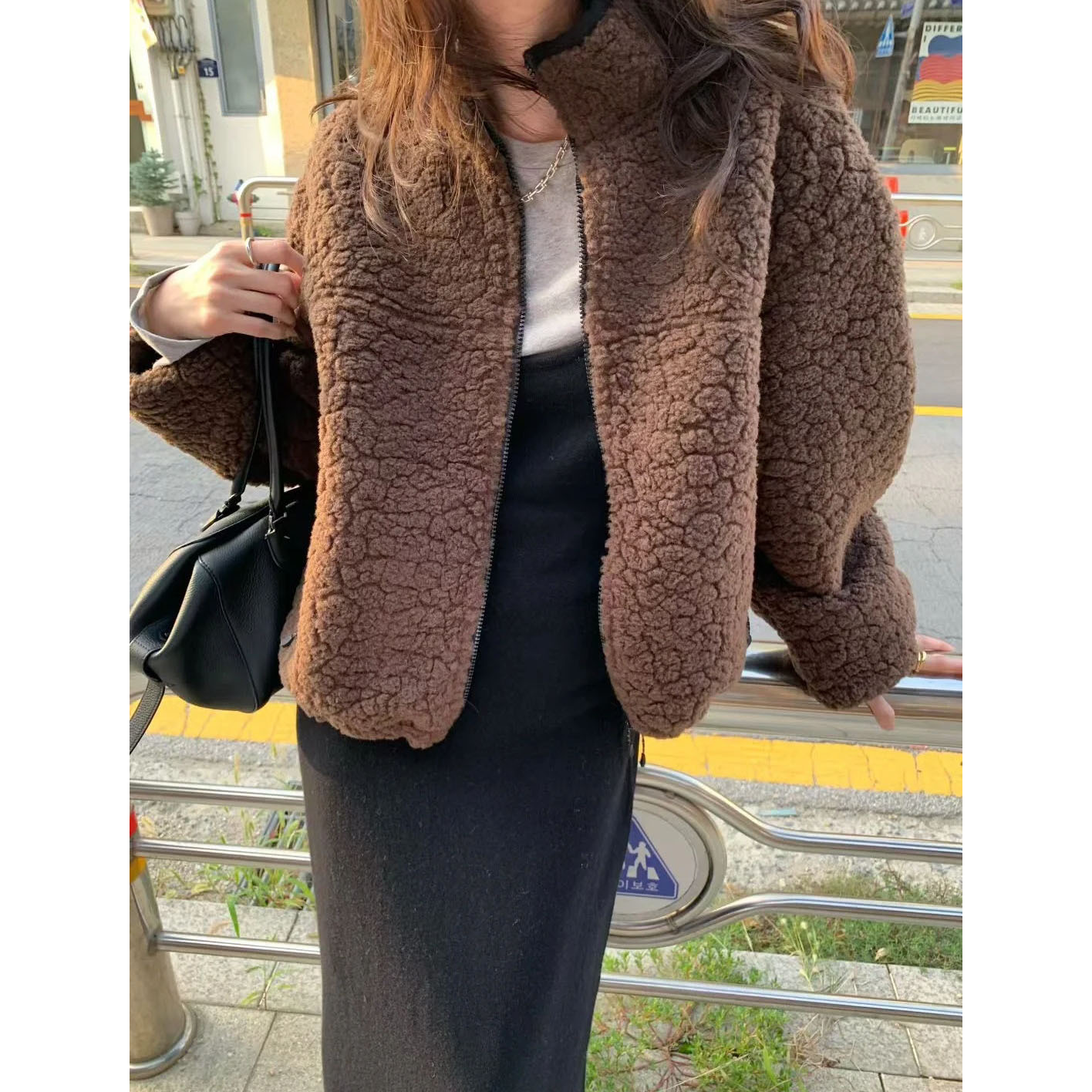 秒发！baby酱25冬季新款韩国纯色立领拉链羊羔毛皮毛一体外套女