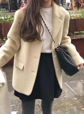 秒发！韩国OUNCE气质简约英伦风单排扣高质感西装羊毛大衣外套女