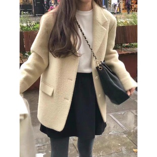 秒发 羊毛大衣外套女 韩国OUNCE气质简约英伦风单排扣高质感西装
