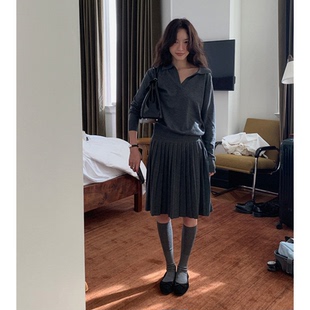 秒发！baby酱同款2026春季新款韩国含羊毛长袖针织衫百褶裙套装女