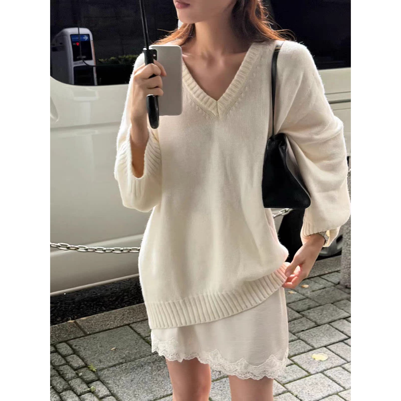 OUNCE羊毛针织衫蕾丝花边拼接半身裙韩国2026秋季新款纯色套装女