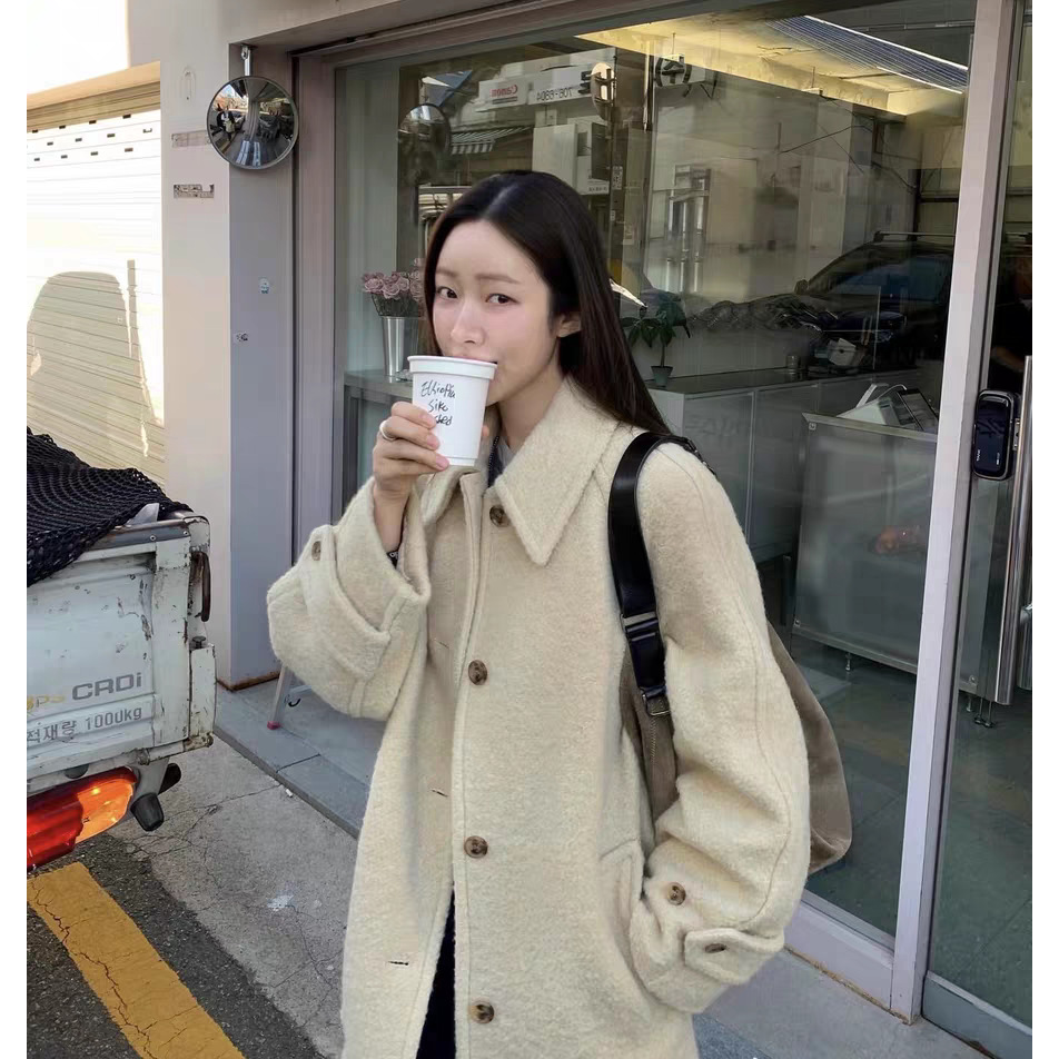 秒发！车静媛同款羊毛大衣韩国25冬气质纯色翻领单排扣中长外套女