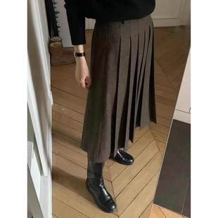 秒发 韩国东大门25冬OUNCE气质复古高腰格子百褶半身裙中长裙女